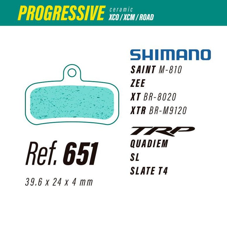 651 LESS PROGRESSIVE BRAKE PADS SHIMANO SAINT - ZEE - XT - XTR / TRP QUADIEM - SL - SLATE - The Bike Project Bnh 23